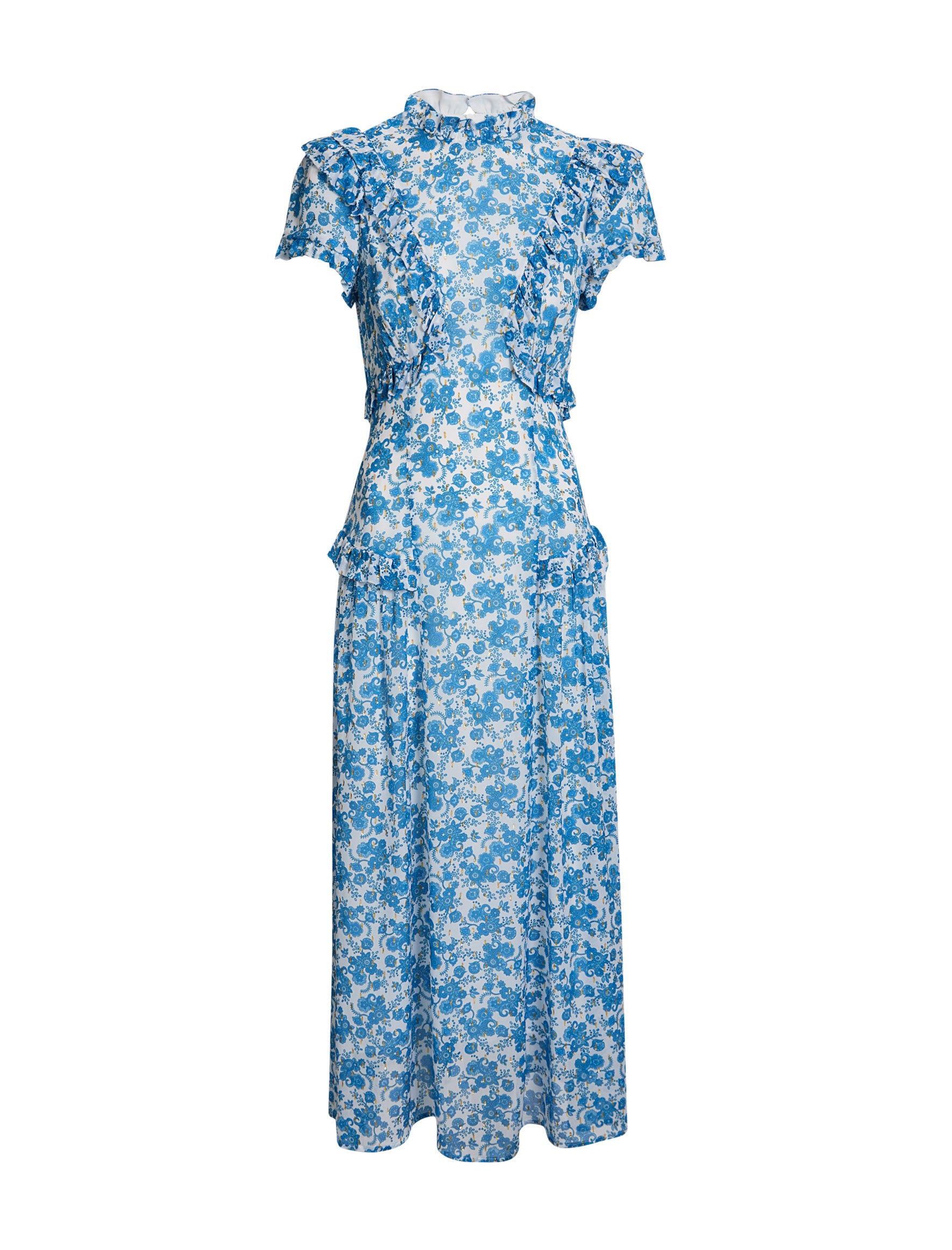 Mirabel Gold Metallic Fil Coupé Maxi Dress - White Blue Paisley Print - Image 11