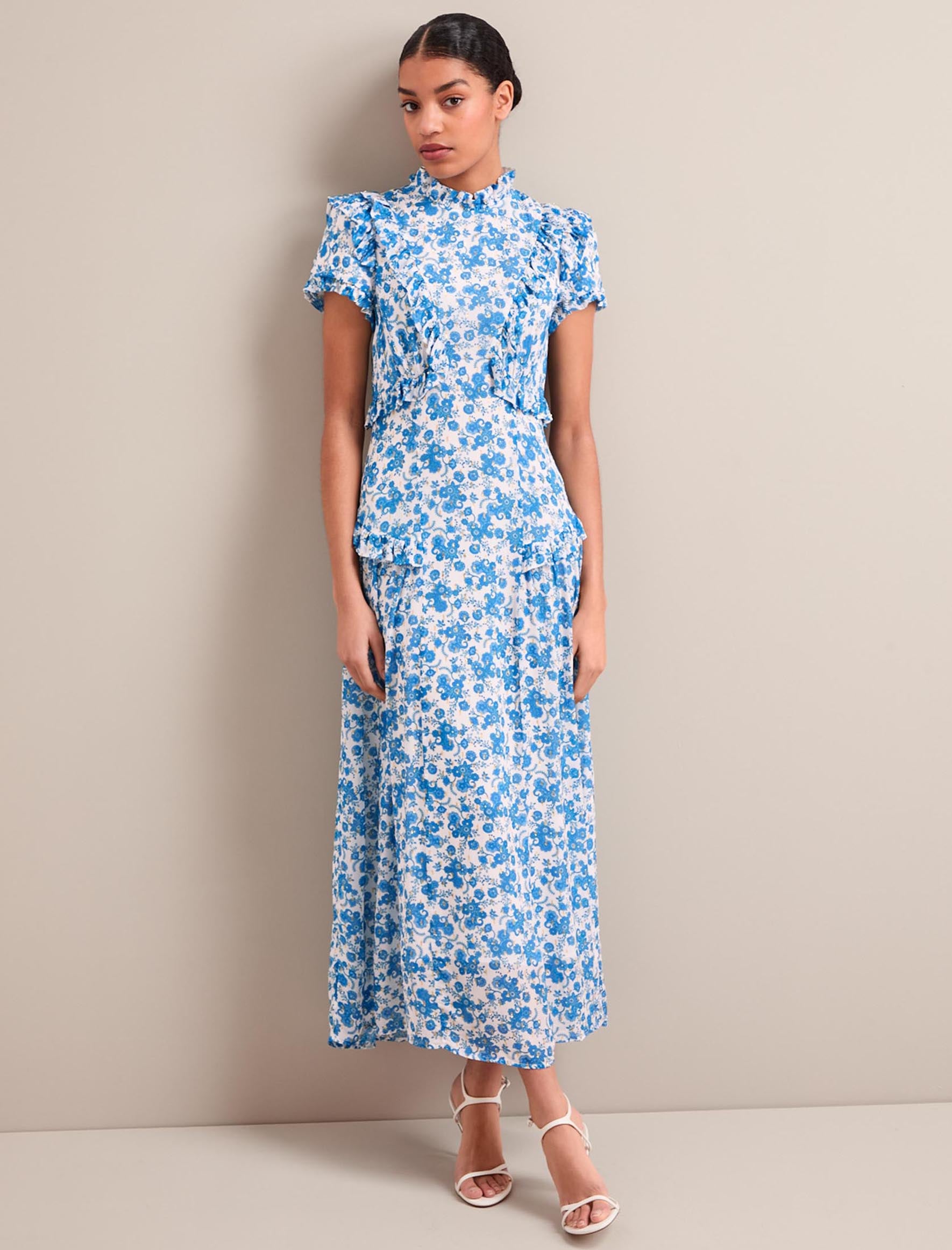 Mirabel Gold Metallic Fil Coupé Maxi Dress - White Blue Paisley Print - Image 7