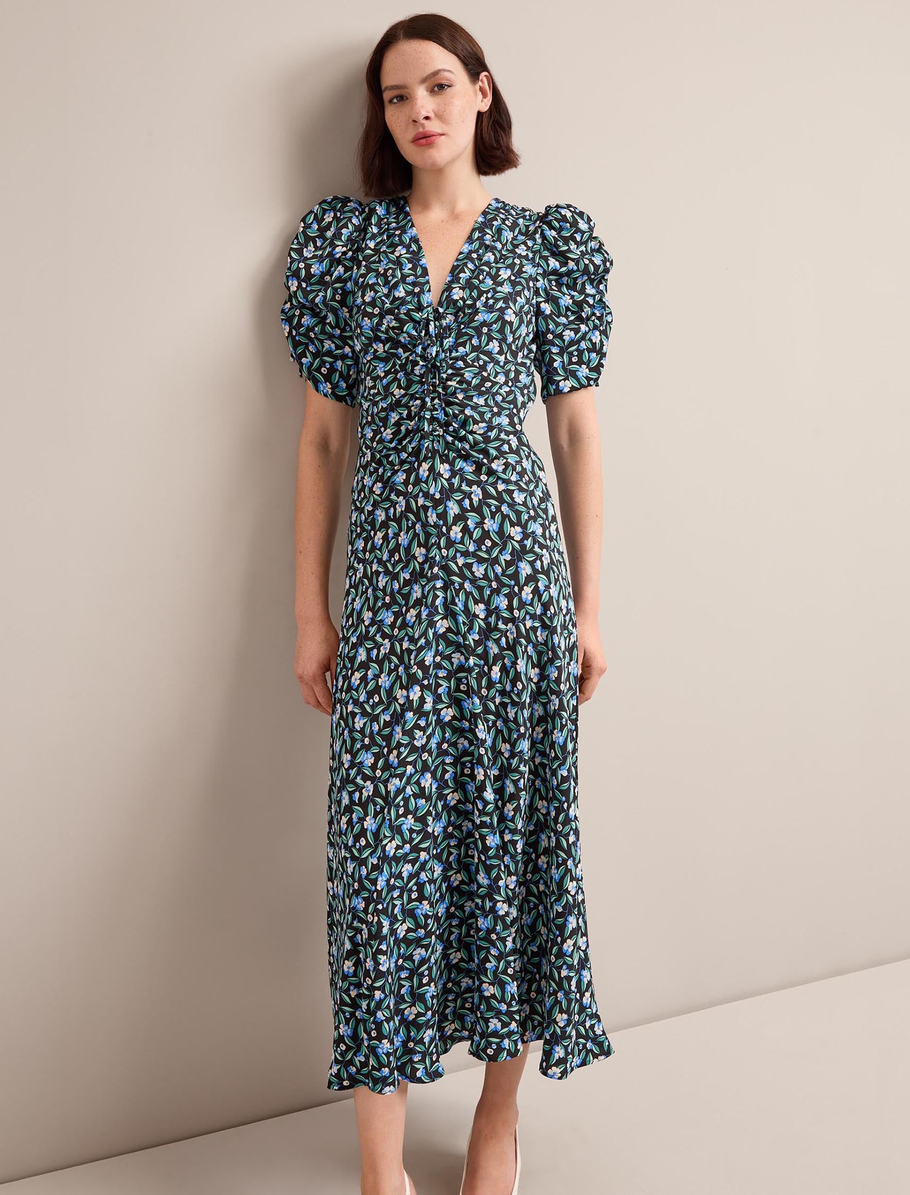 Ophelia Bias Cut Maxi Dress - Black Blue Deco Floral Print - Image 4